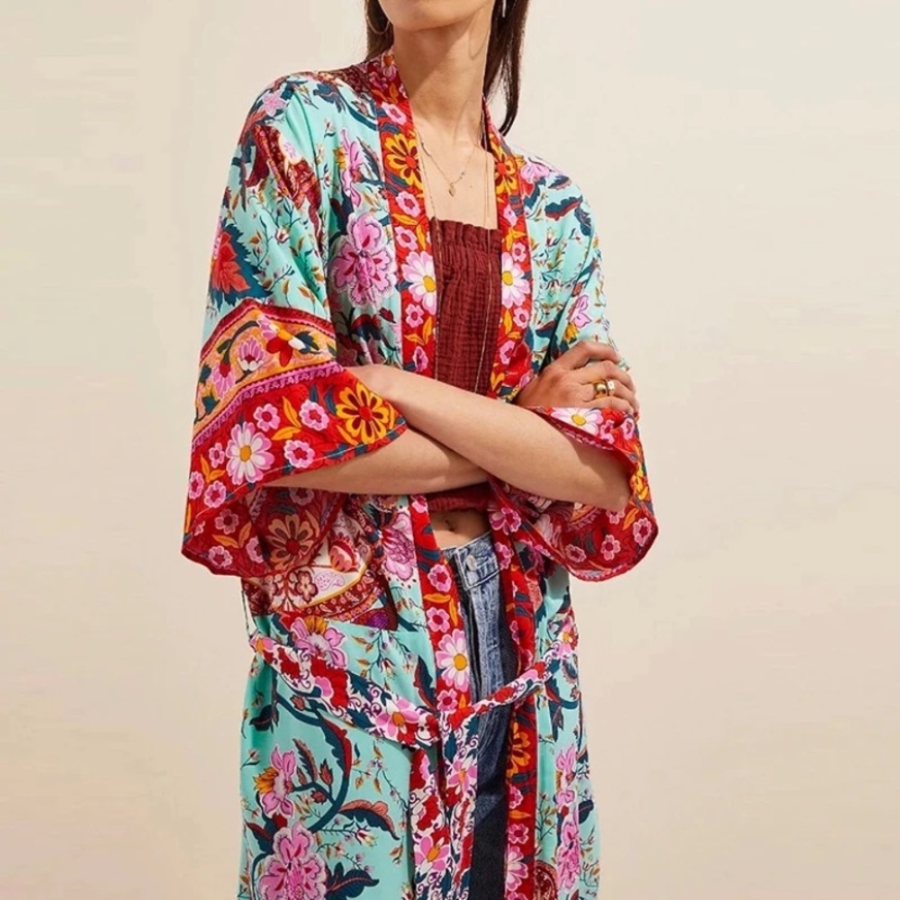 Colorful Red Mint Peacock Floral Bohemian Boho Duster Wrap Kimono Coverup Robe - Picture 5 of 11